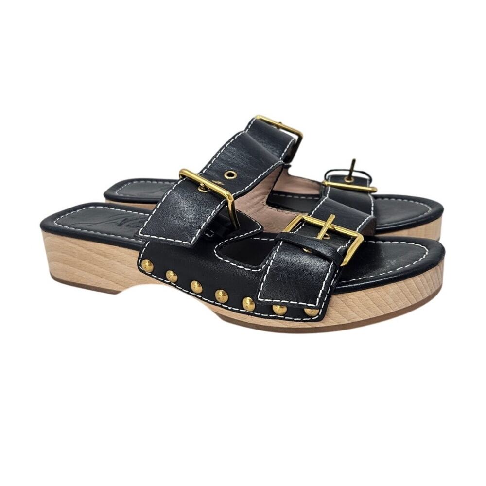 J.Crew 6.5 Leather Double Buckle-strap Sandals Wooden Clog Leather Black Coastal